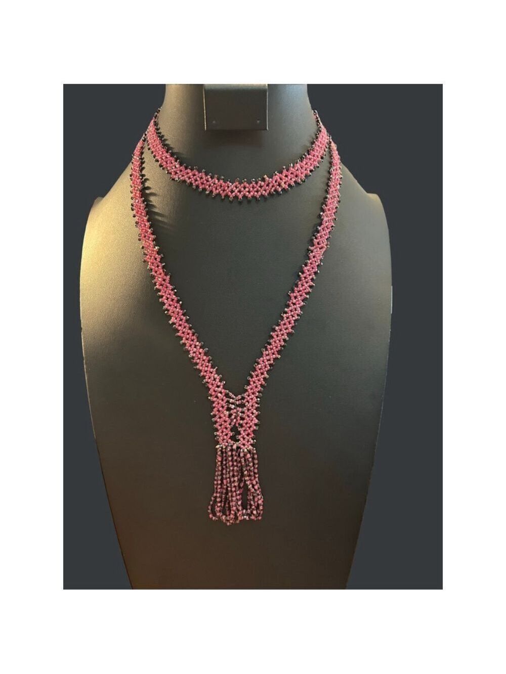 Gorgeous 34 inch long coral colored seed Bead Necklace Pink/Black One Size